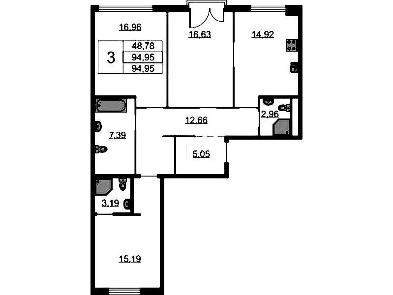 3-комнатная квартира 94.95 м², 2/9 эт., ЖК «Бакунина 33»